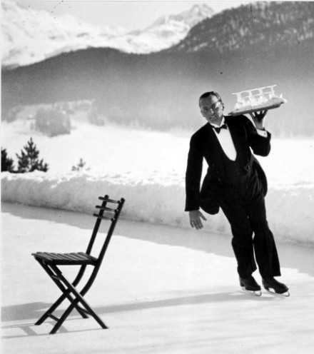 Skating waiter at the Grand Hotel, St. Moritz, 1932. - Image (C) Life Magazine.